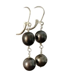 NEW TAHITIAN BLACK PEARL earrings Dangle Sterling Silver
